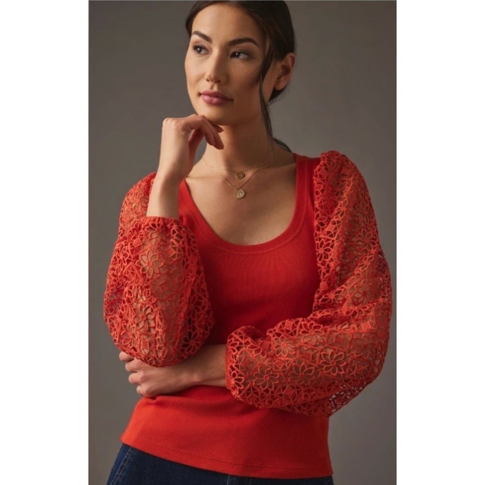 Maeve Anthropologie Red Ribbed Knit Top Floral Guipure Lace Balloon Sleeve Sz XS - Picture 2 of 12